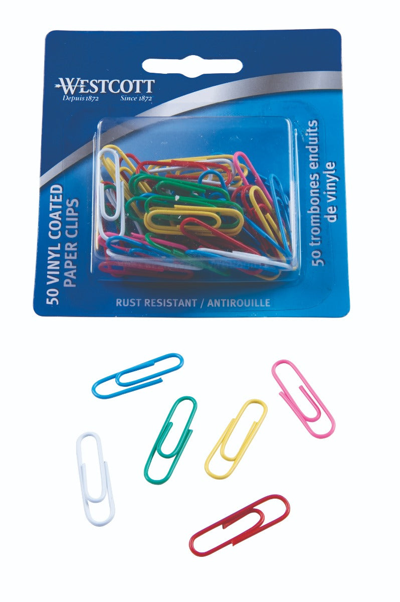 Westcott® 1-1/8" (28mm) Vinyl Coated Paper Clips, 50/card