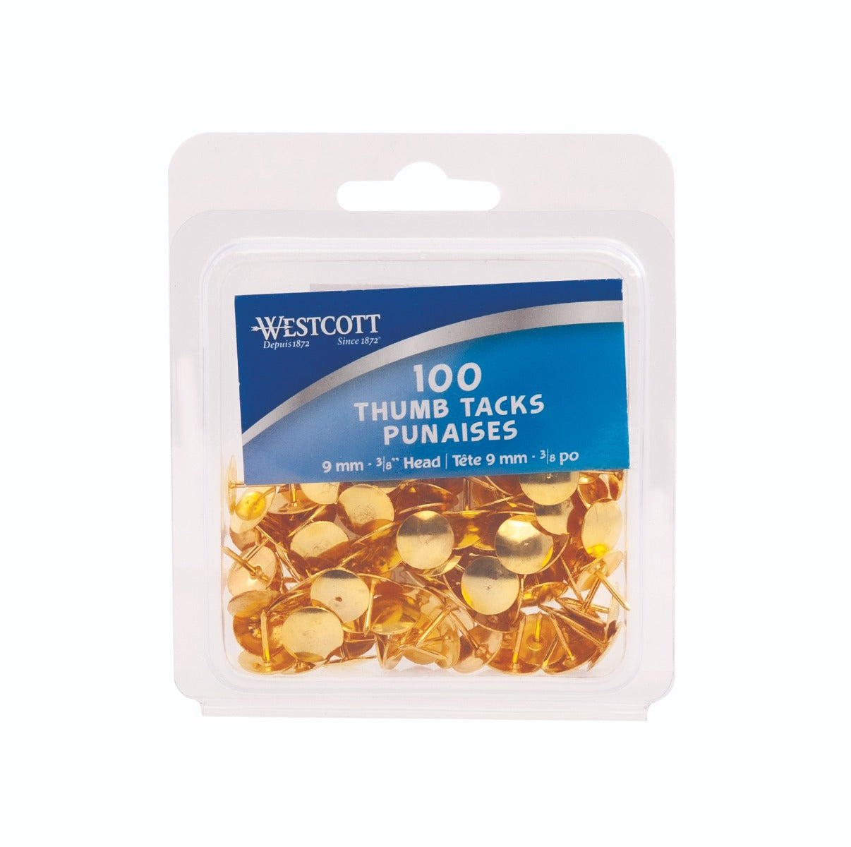 Westcott® Brass Thumb Tacks (3/8" dia.), 100/clamshell
