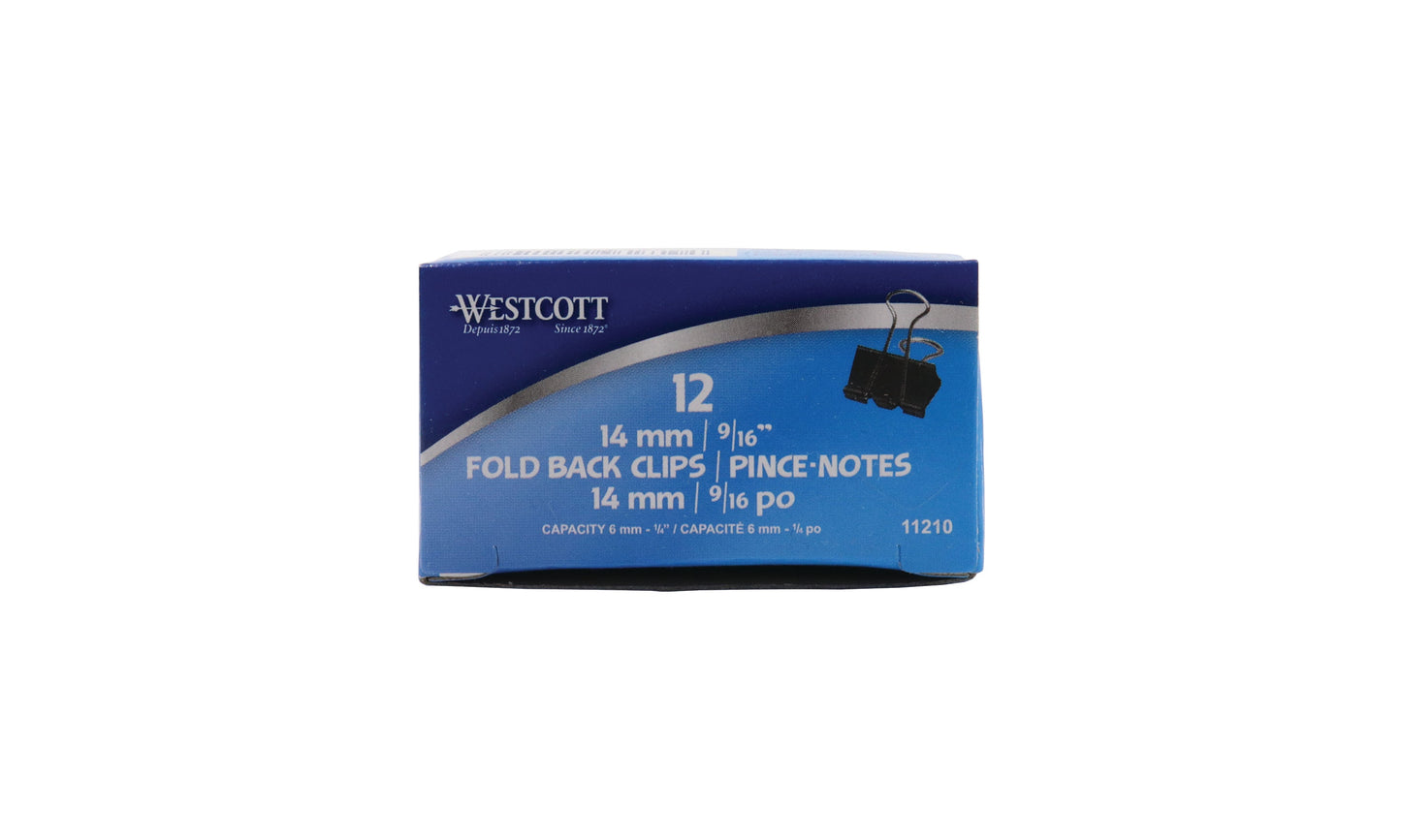 Westcott® 9/16" (14 mm) Black Fold Back Clips, 12/box