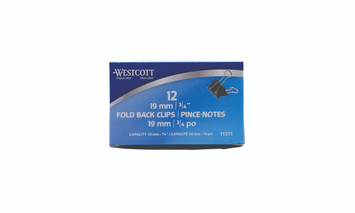 Westcott® 3/4" (19 mm) Black Fold Back Clips, 12/box