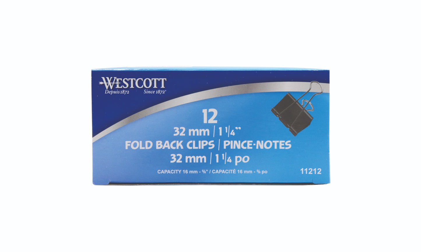 Westcott® 1-1/4" (32 mm) Black Fold Back Clips, 12/box