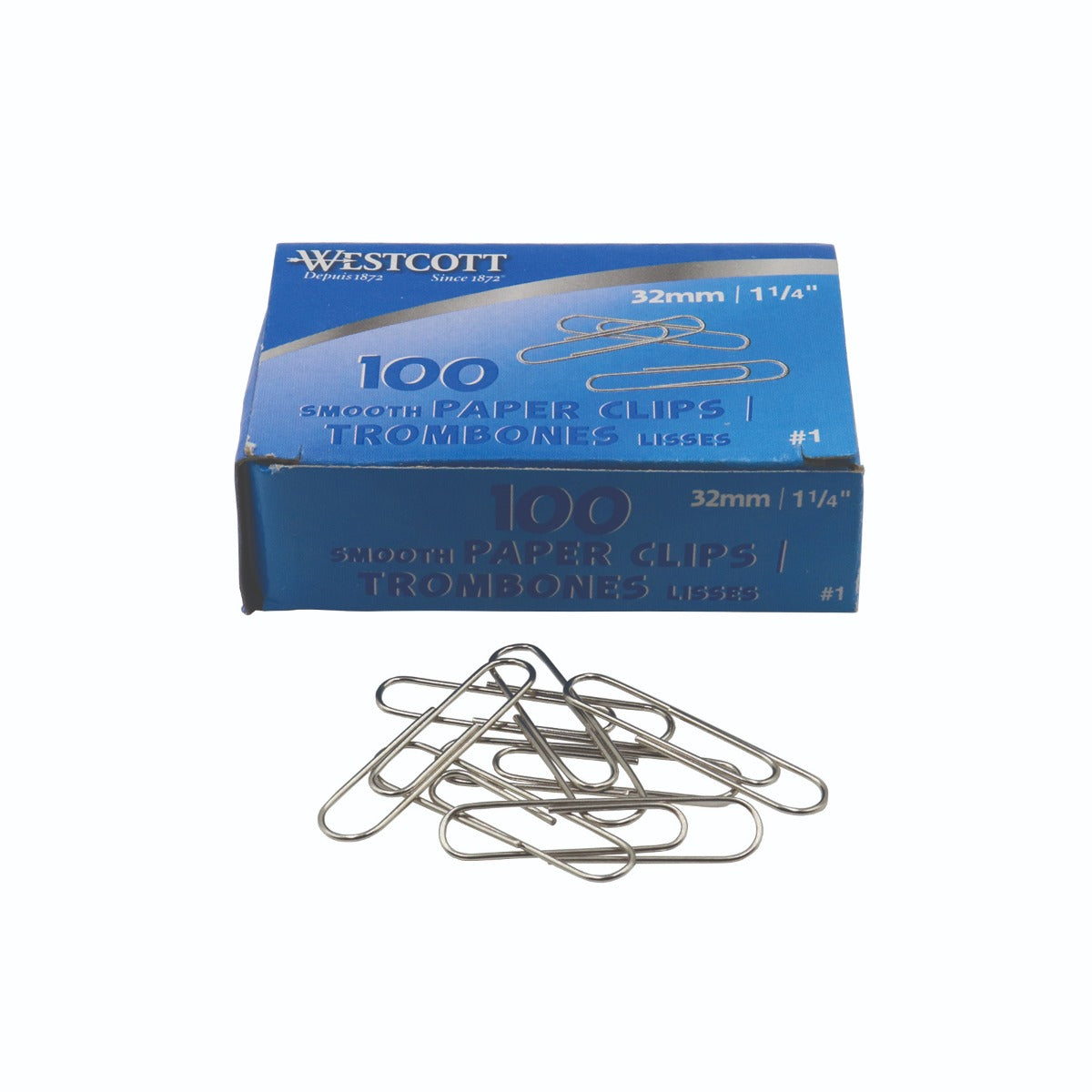 Westcott® 1-1/4" (33mm) Smooth Paper Clips, 100/box