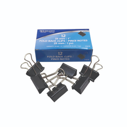 Westcott® 1" (25 mm) Black Fold Back Clips, 12/box