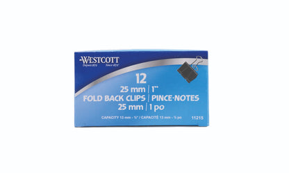 Westcott® 1" (25 mm) Black Fold Back Clips, 12/box